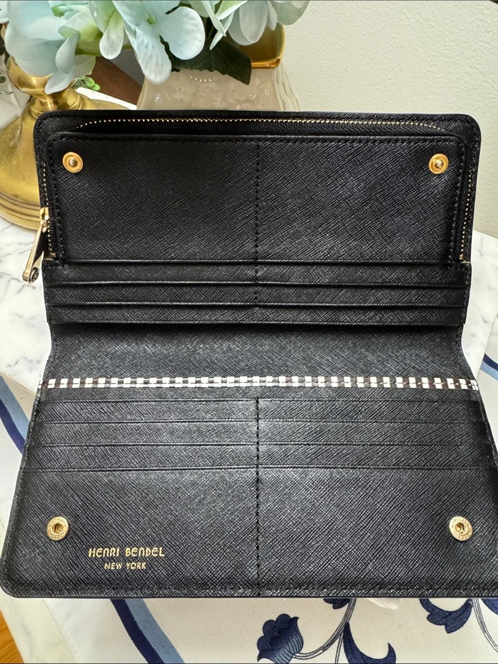 henri bendel Black Saffiano Leather Wallet with Gold Plaque